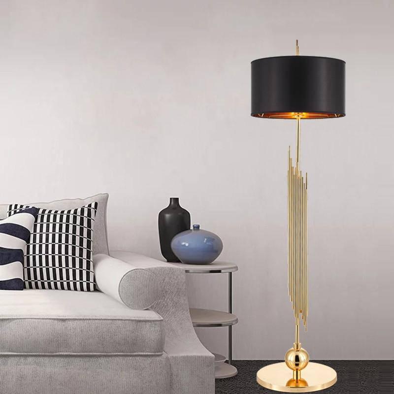 Black and Gold Metal Designer Floor Lamp with Fabric Shade - Soft Lighting for Living Room and Large Spaces